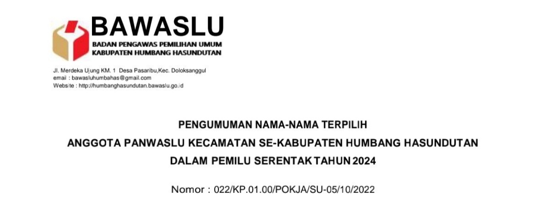 PENGUMUMAN NAMA NAMA TERPILIH ANGGOTA PANWASLU KECAMATAN SE KABUPATEN